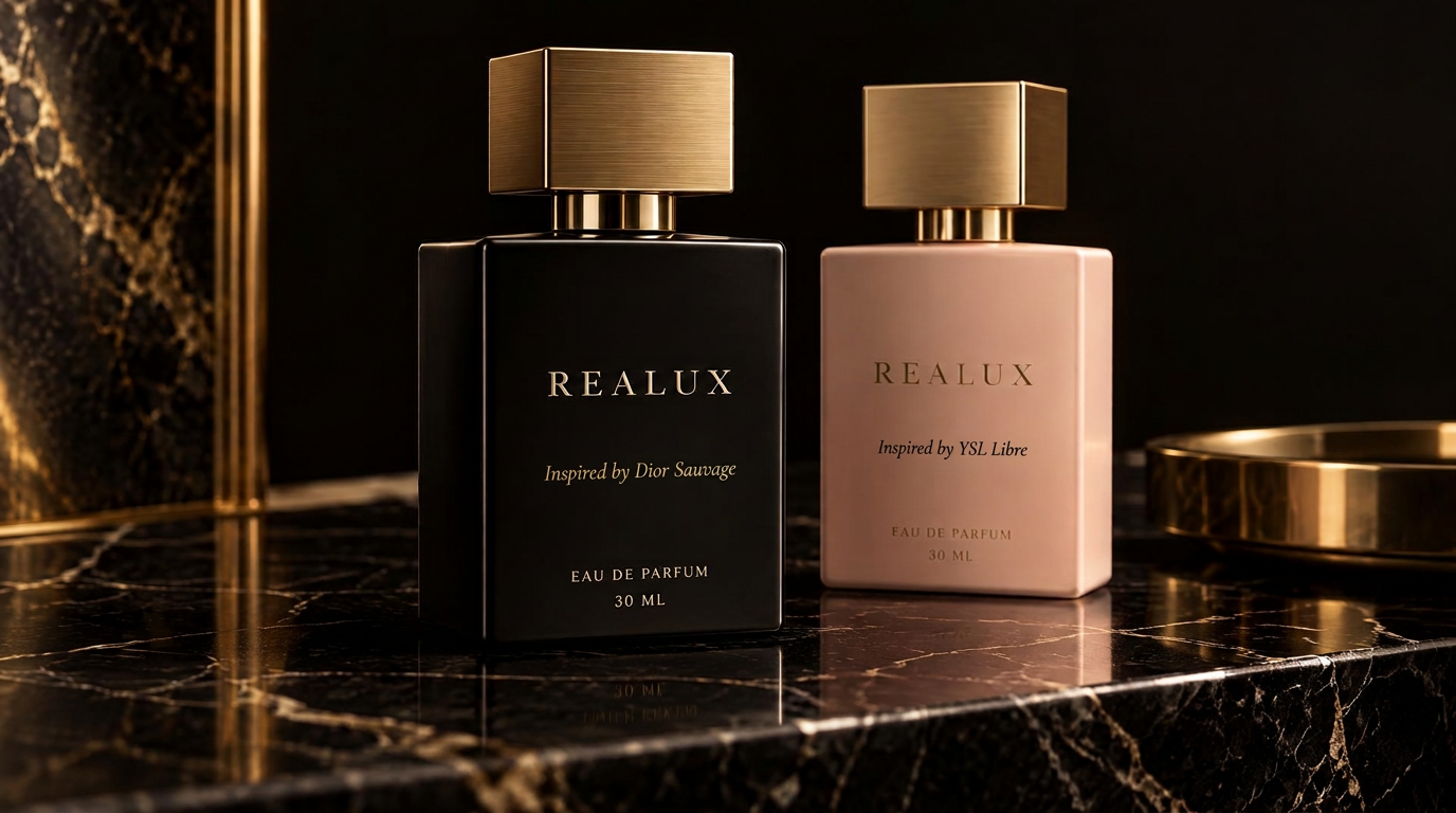 ReaLux black and pink perfume bottles on marble
